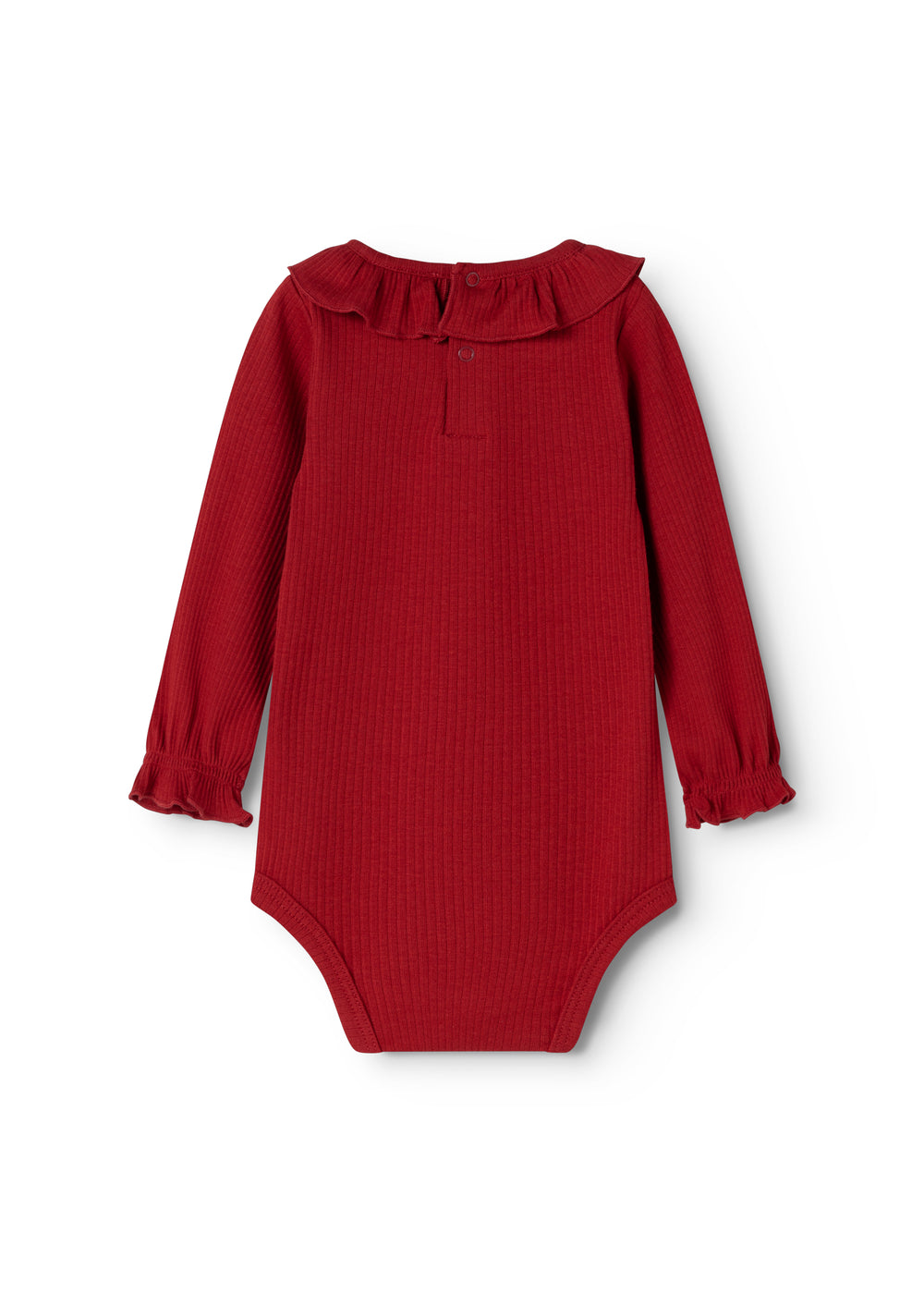 Cherry red bodystocking with ruffle collar and long sleeves, closed body.