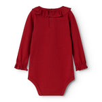 Cherry red bodystocking with ruffle collar and long sleeves, closed body.