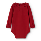 Cherry red bodystocking with ruffle collar and long sleeves, closed body.