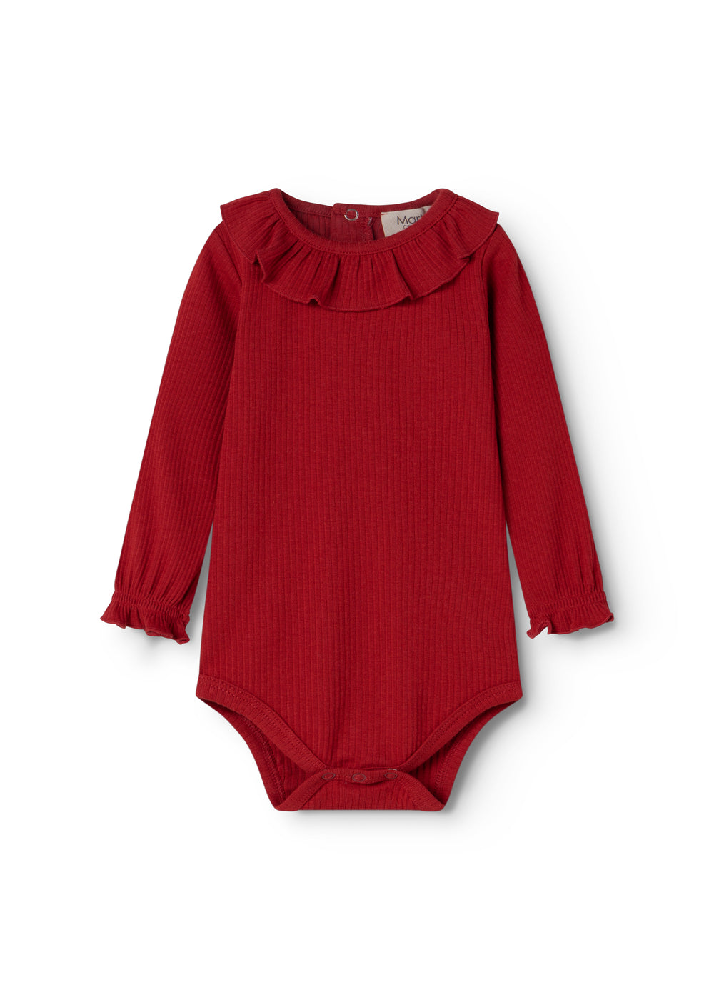 Cherry red bodystocking with long sleeves and ruffle collar at the front.