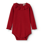 Cherry red bodystocking with long sleeves and ruffle collar at the front.