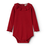 Cherry red bodystocking with long sleeves and ruffle collar at the front.