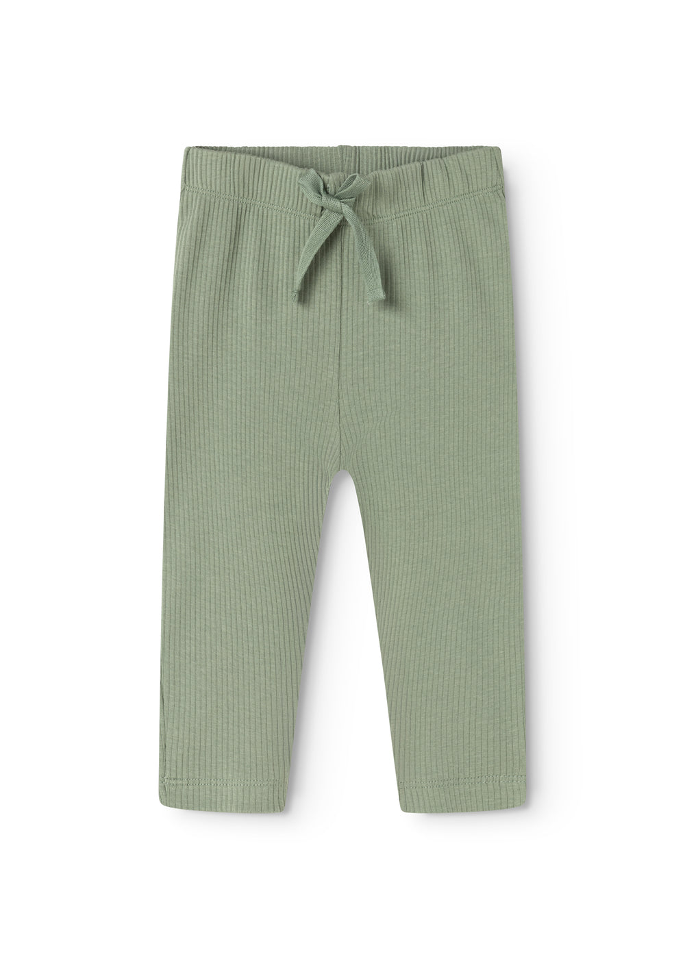 Green baby pants in rib knit with elastic waistband and front drawstring