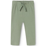 Green baby pants in rib knit with elastic waistband and front drawstring