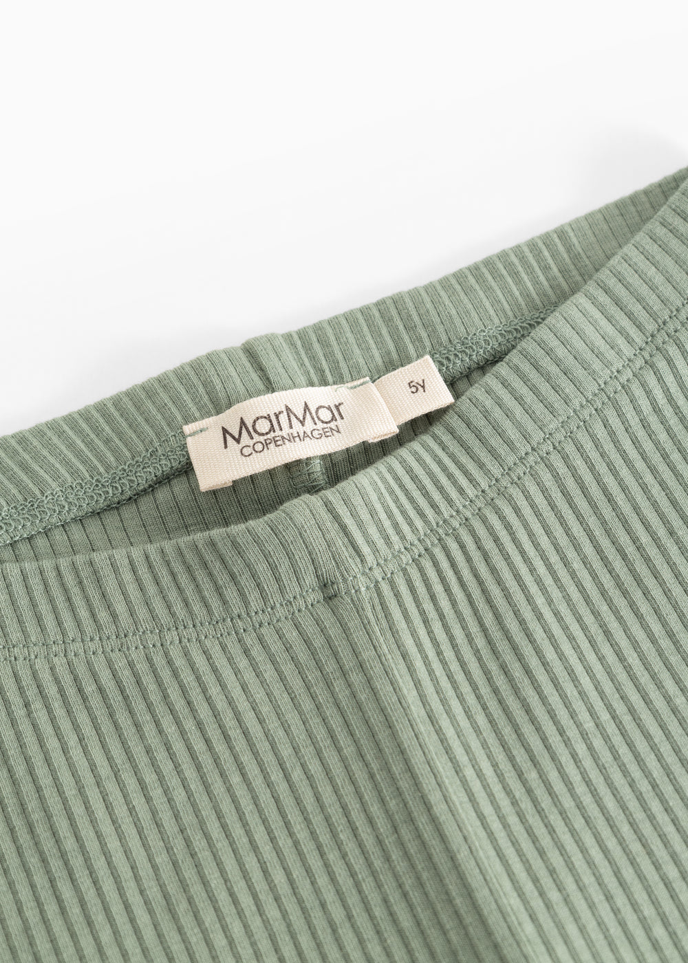 Green ribbed leggings with MarMar Copenhagen label at the waist