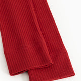 Detail of red ribbed leggings with tight elastic hem at leg opening