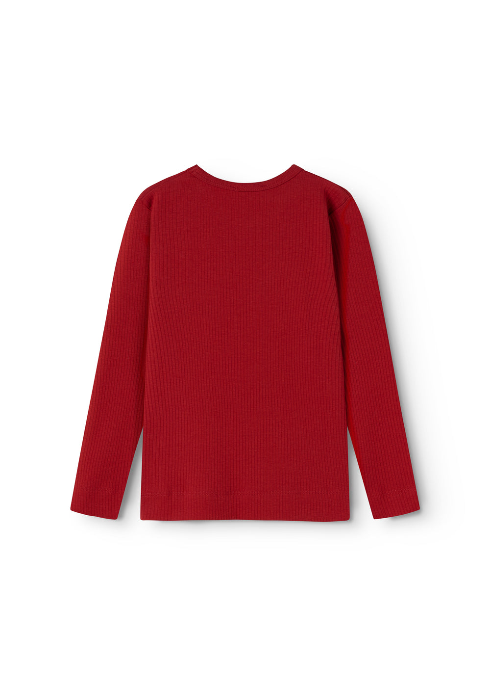 Red long-sleeved T-shirt with round neck, viewed from the back