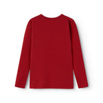 Red long-sleeved T-shirt with round neck, viewed from the back