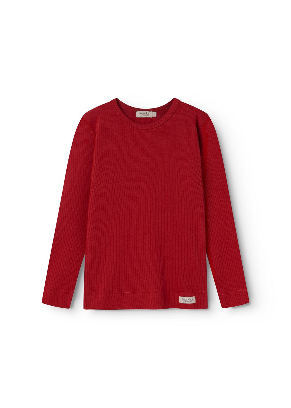 Red long-sleeve T-shirt with round neck and ribbed texture