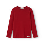 Red long-sleeve T-shirt with round neck and ribbed texture