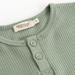 Long-sleeved T-shirt in muted green with buttons at the neckline and ribbed trim