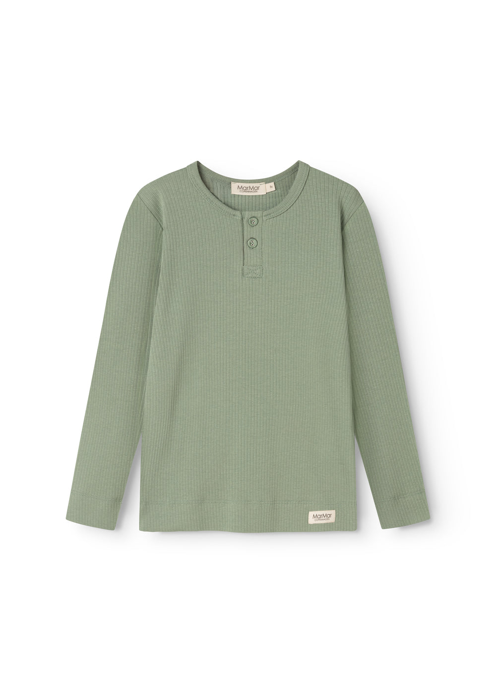 Long-sleeved T-shirt in muted green with round neck and front button closure