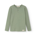 Long-sleeved T-shirt in muted green with round neck and front button closure