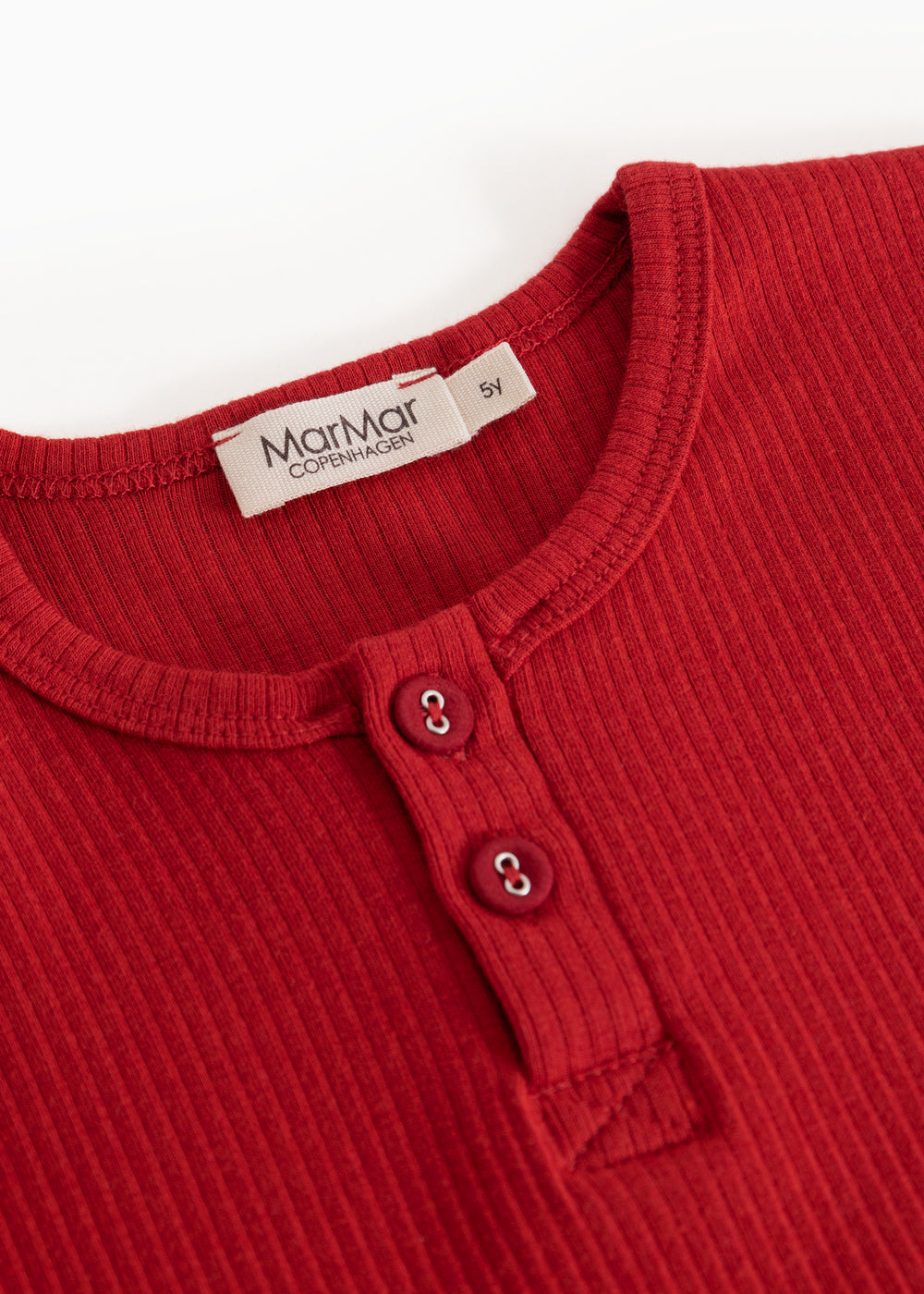Red long-sleeved T-shirt with button placket and ribbed neckline