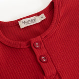 Red long-sleeved T-shirt with button placket and ribbed neckline