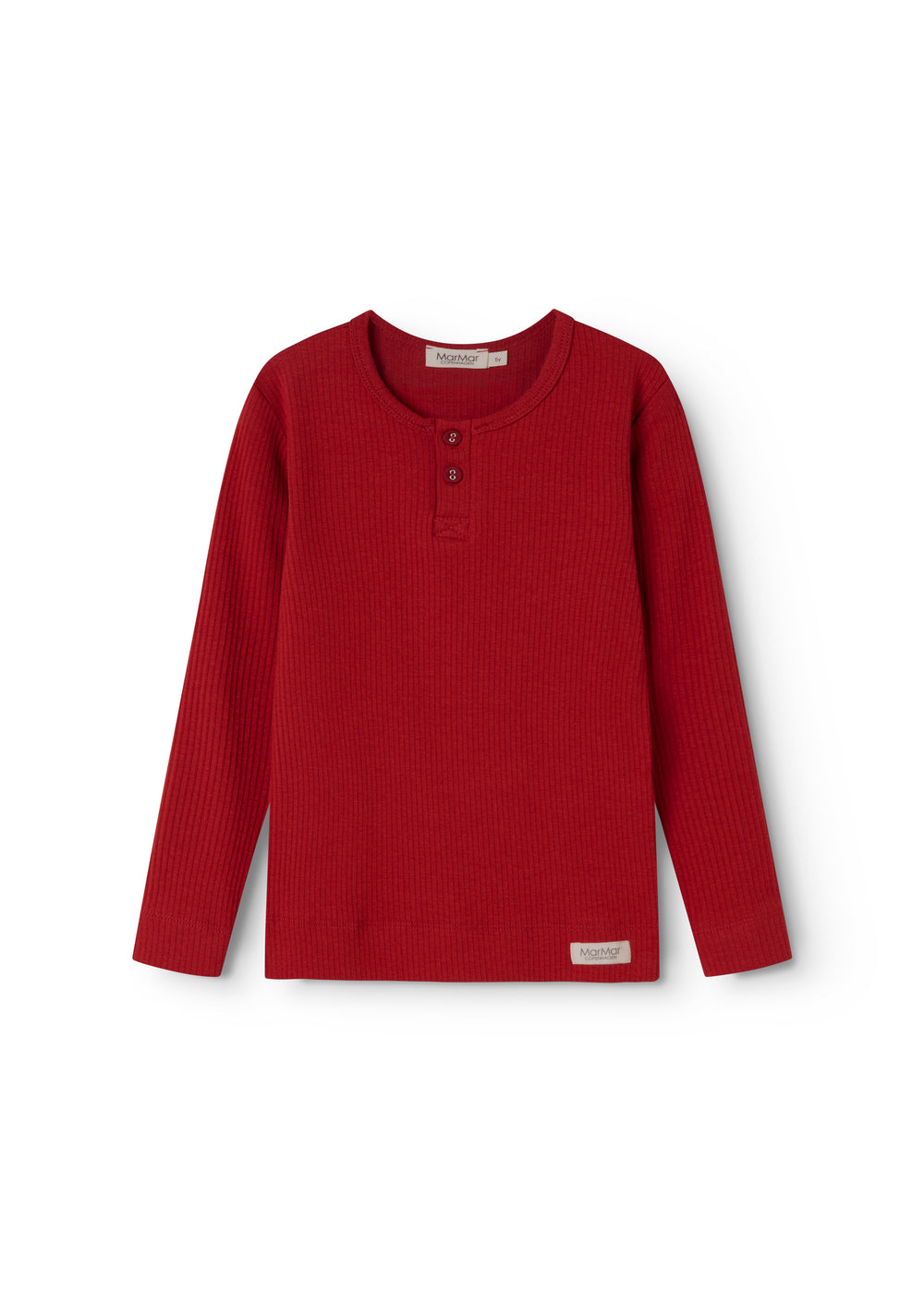 Red long-sleeved T-shirt with three buttons at the neck