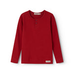 Red long-sleeved T-shirt with three buttons at the neck