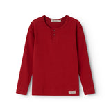Red long-sleeved T-shirt with three buttons at the neck