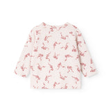 Pink blouse with seahorse pattern and long sleeves, round neckline