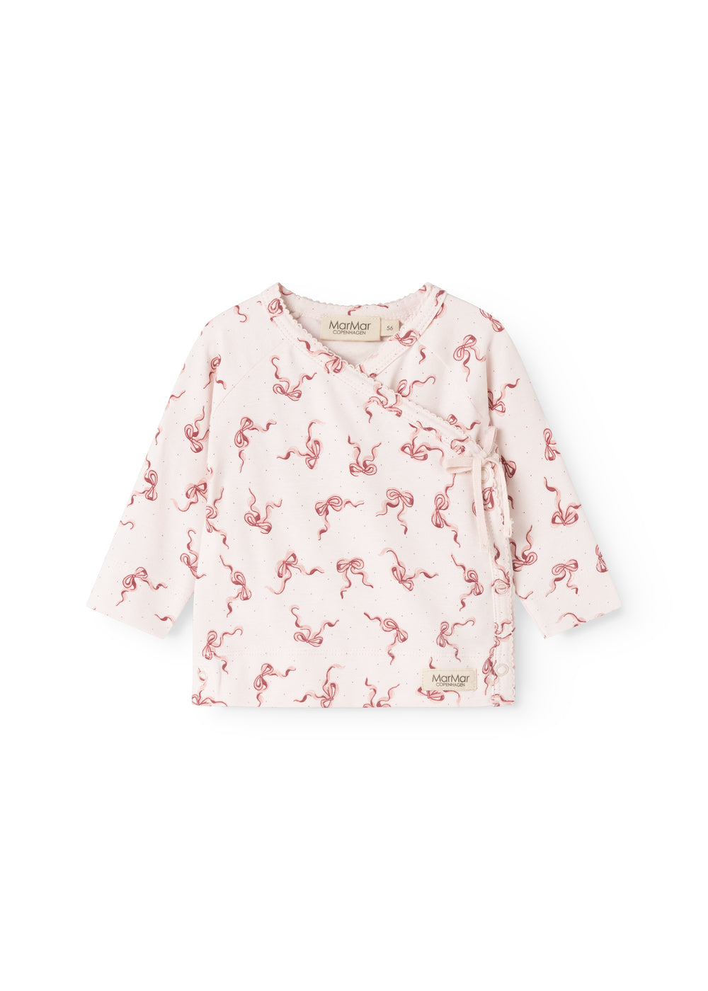 Pink blouse with seahorse pattern, long sleeves and wrap neckline with button band