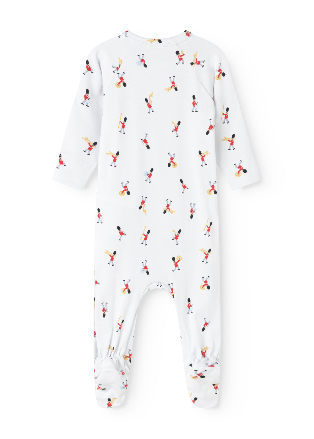 White jumpsuit with round neck, long sleeves and all-over musician print.