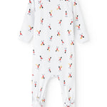 White jumpsuit with round neck, long sleeves and all-over musician print.