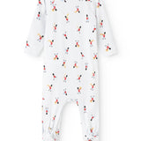 White jumpsuit with round neck, long sleeves and all-over musician print.