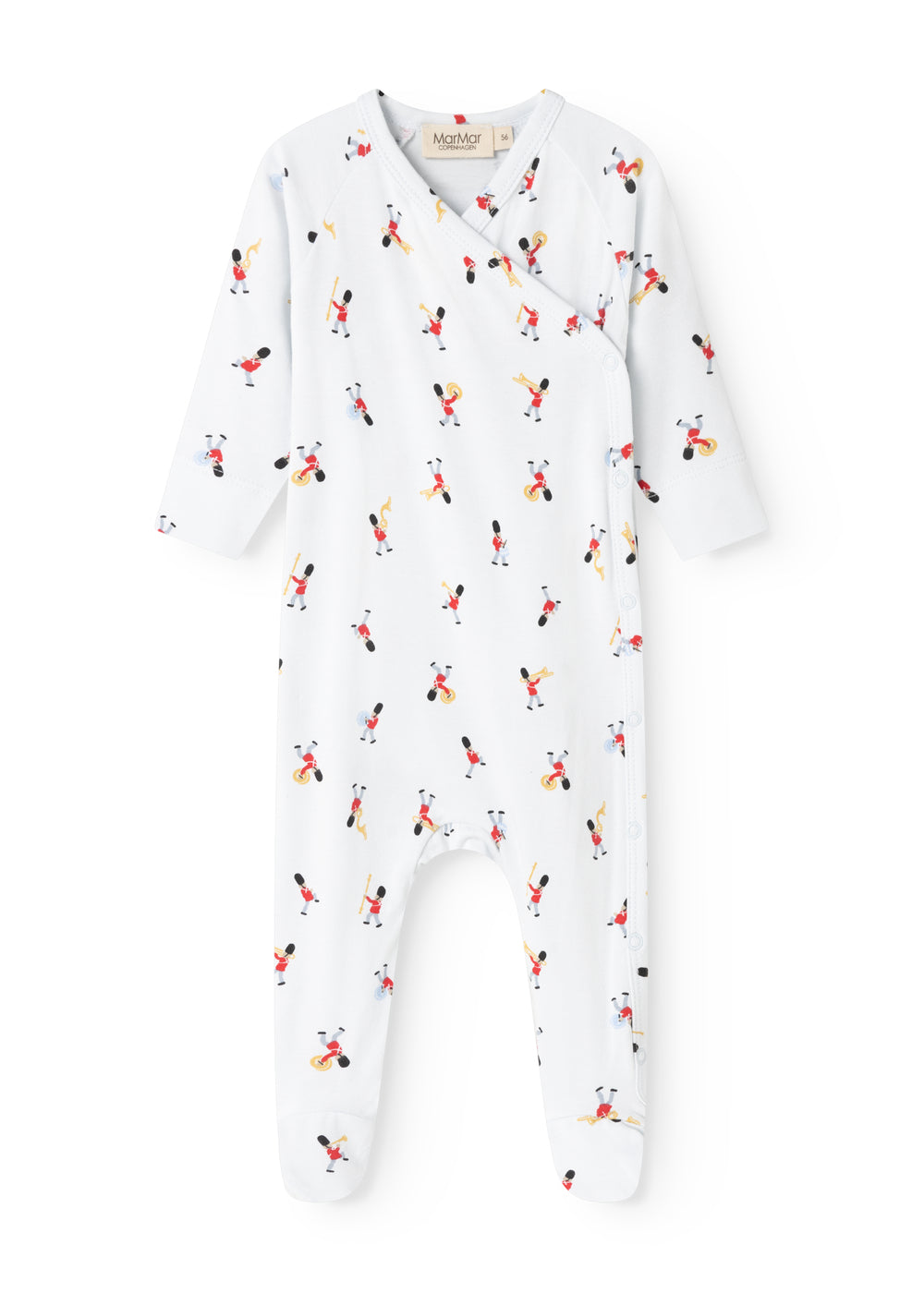White jumpsuit with long sleeves and seam detail, featuring an all-over musician pattern.