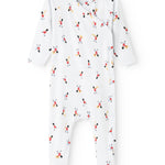 White jumpsuit with long sleeves and seam detail, featuring an all-over musician pattern.
