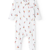 White jumpsuit with long sleeves and seam detail, featuring an all-over musician pattern.