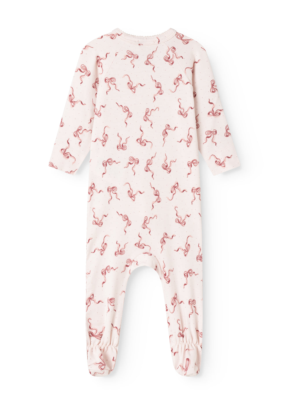Rompersuit with red bow pattern on the back, long sleeves and legs