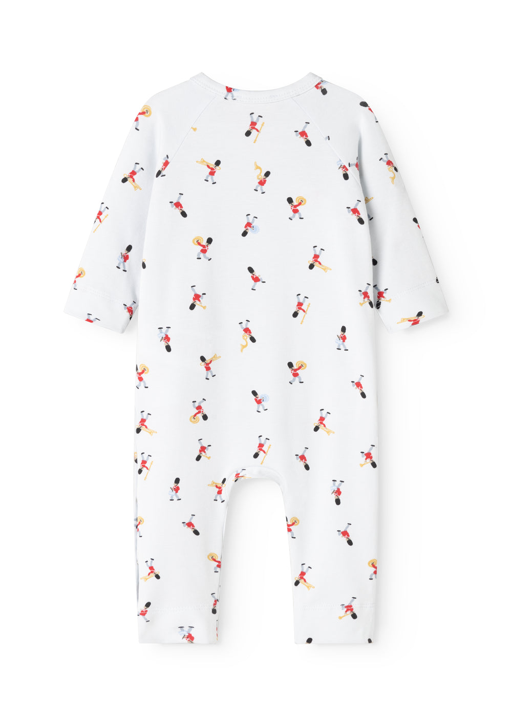 White jumpsuit with long sleeves and musician print, full-length legs.