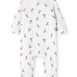 White jumpsuit with long sleeves and musician print, full-length legs.