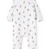 White jumpsuit with long sleeves and musician print, full-length legs.