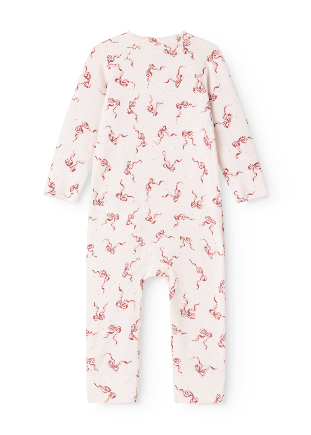 White jumpsuit with red bow decorations and long sleeves