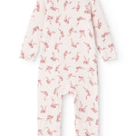 White jumpsuit with red bow decorations and long sleeves