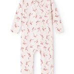 White jumpsuit with red bow ornament print and button closure at the neck