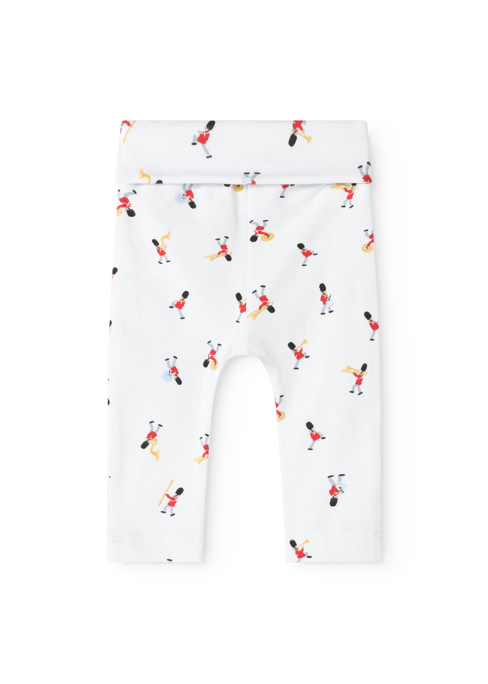 White baby pants with musician print, elastic waistband and fit