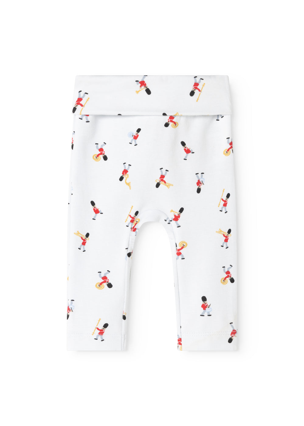 White baby pants with colorful musician prints and elastic waistband