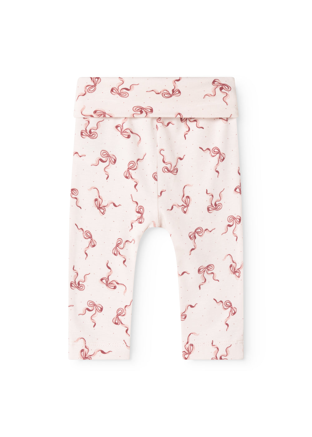 Light-colored baby pants with red bow pattern and leg hole
