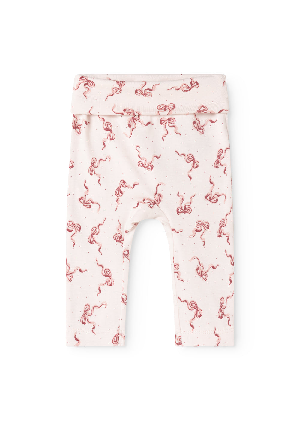 Light baby pants with red bow print and elastic waistband