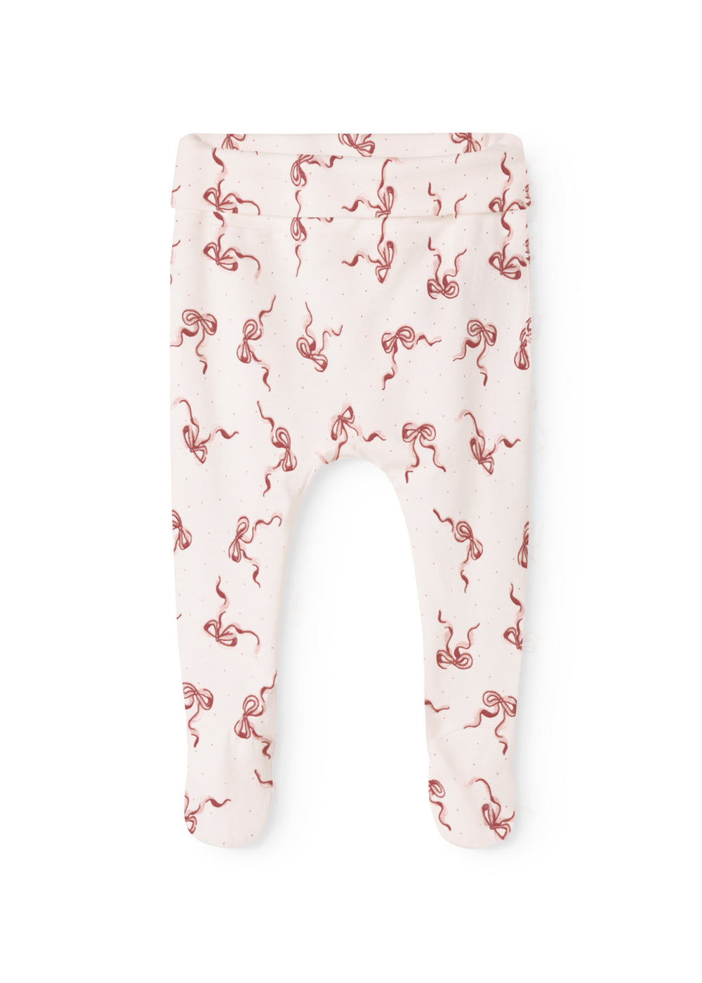 Light baby pants with red bow pattern and elastic waistband