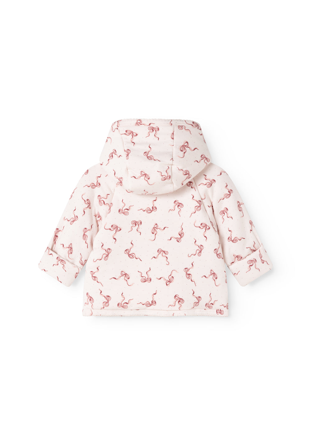 Children's jacket with hood in off-white with red bow pattern