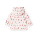 Children's jacket with hood in off-white with red bow pattern