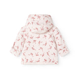 Children's jacket with hood in off-white with red bow pattern