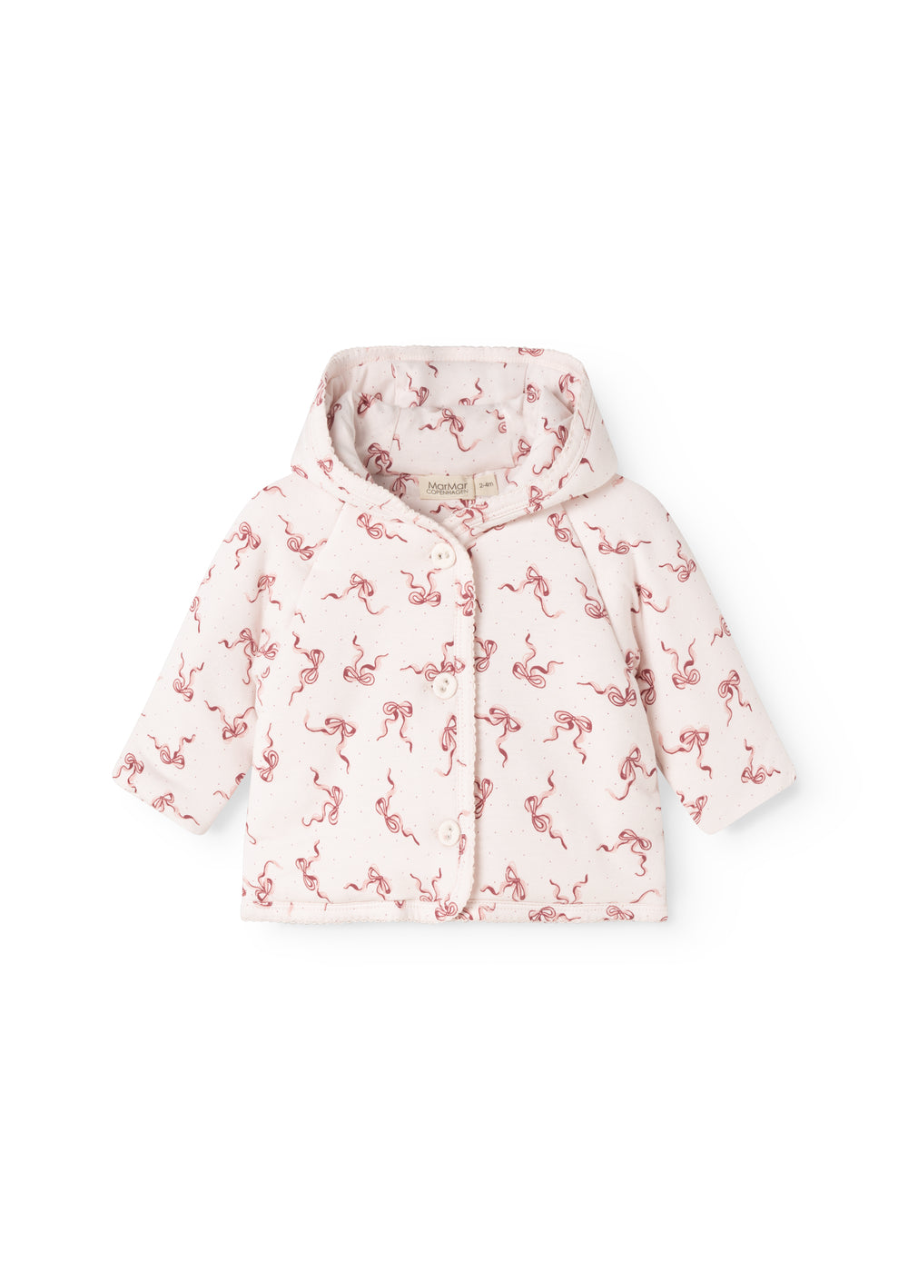 Children's jacket with hood in off-white with red bow pattern