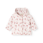 Children's jacket with hood in off-white with red bow pattern