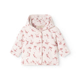 Children's jacket with hood in off-white with red bow pattern