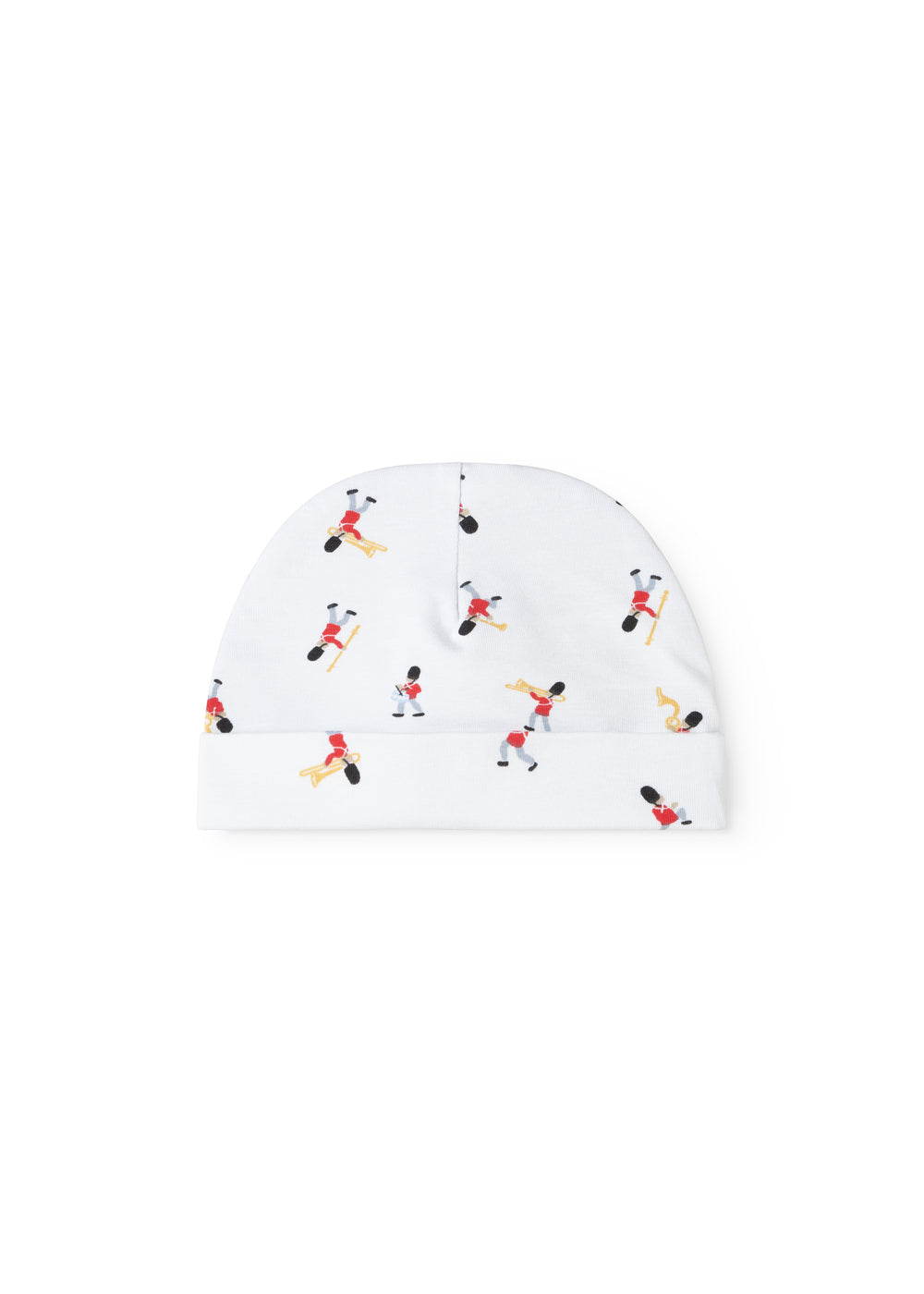 White baby hat with colorful musician pattern