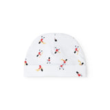 White baby hat with colorful musician pattern